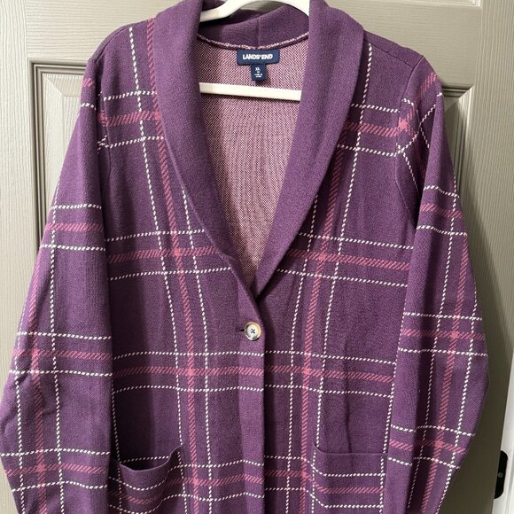 Lands’ End XL/18 Purple Plaid Knit Coatigan with Pockets - Picture 1 of 3